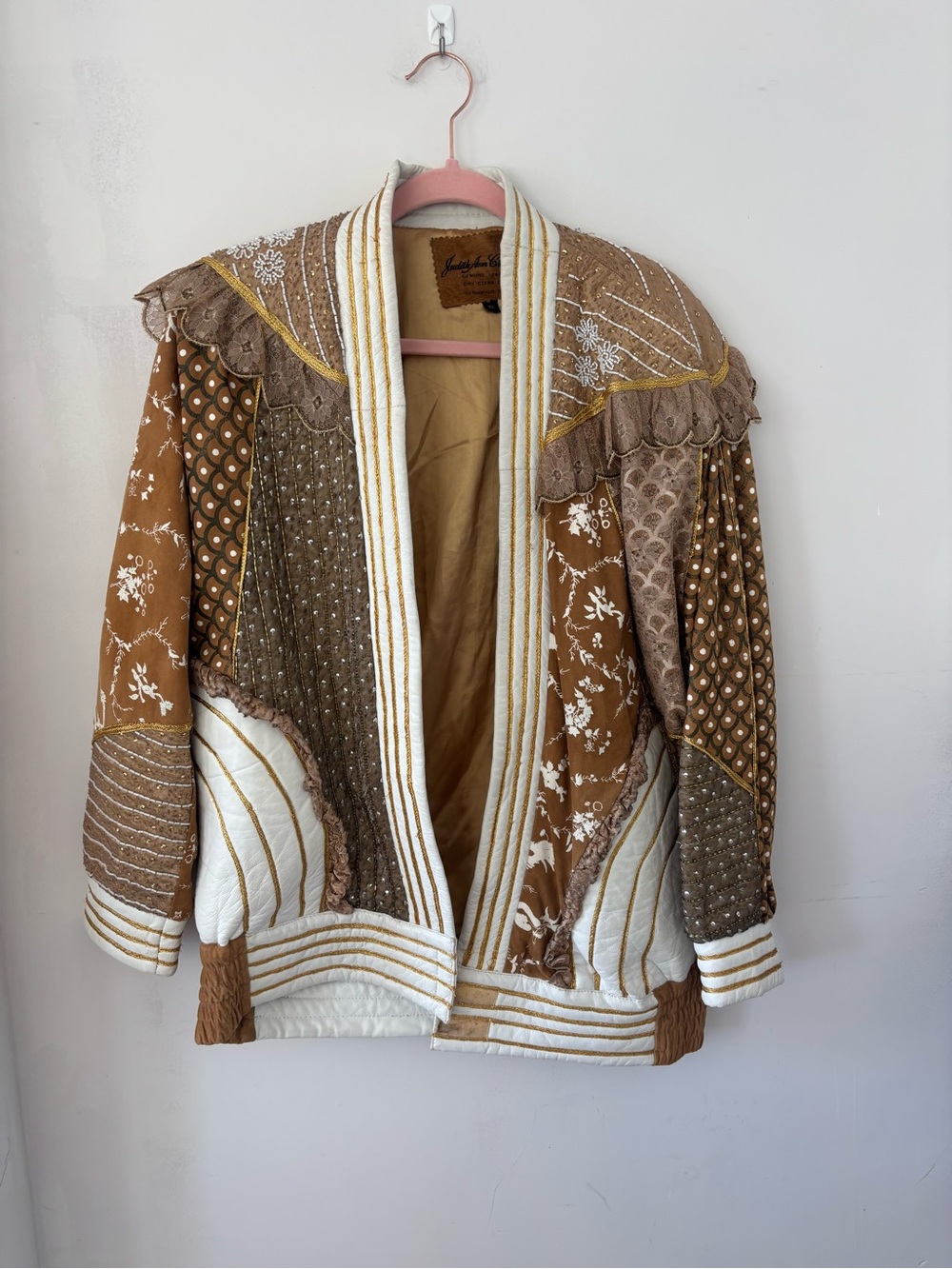 Judith Ann Creations Vintage S Leather White Gold Beaded and Sequin Lace Jacket